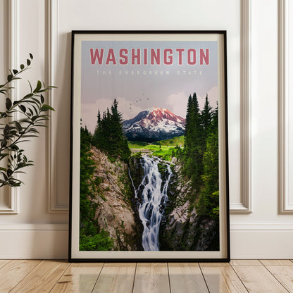 A framed poster of a waterfall surrounded by trees and mountains, with the text "WASHINGTON THE EVERGREEN STATE" displayed prominently.