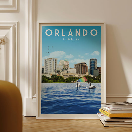 A framed poster of the Orlando, Florida skyline with a body of water and swans in the foreground.
