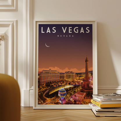 A framed poster of the Las Vegas skyline at night, with the text "LAS VEGAS NEVADA" prominently displayed.
