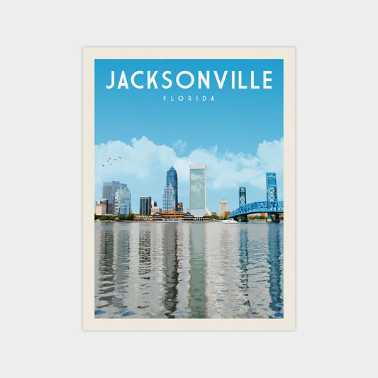A framed image of the skyline of Jacksonville, Florida, with the city's iconic blue and white buildings reflected in the water below.