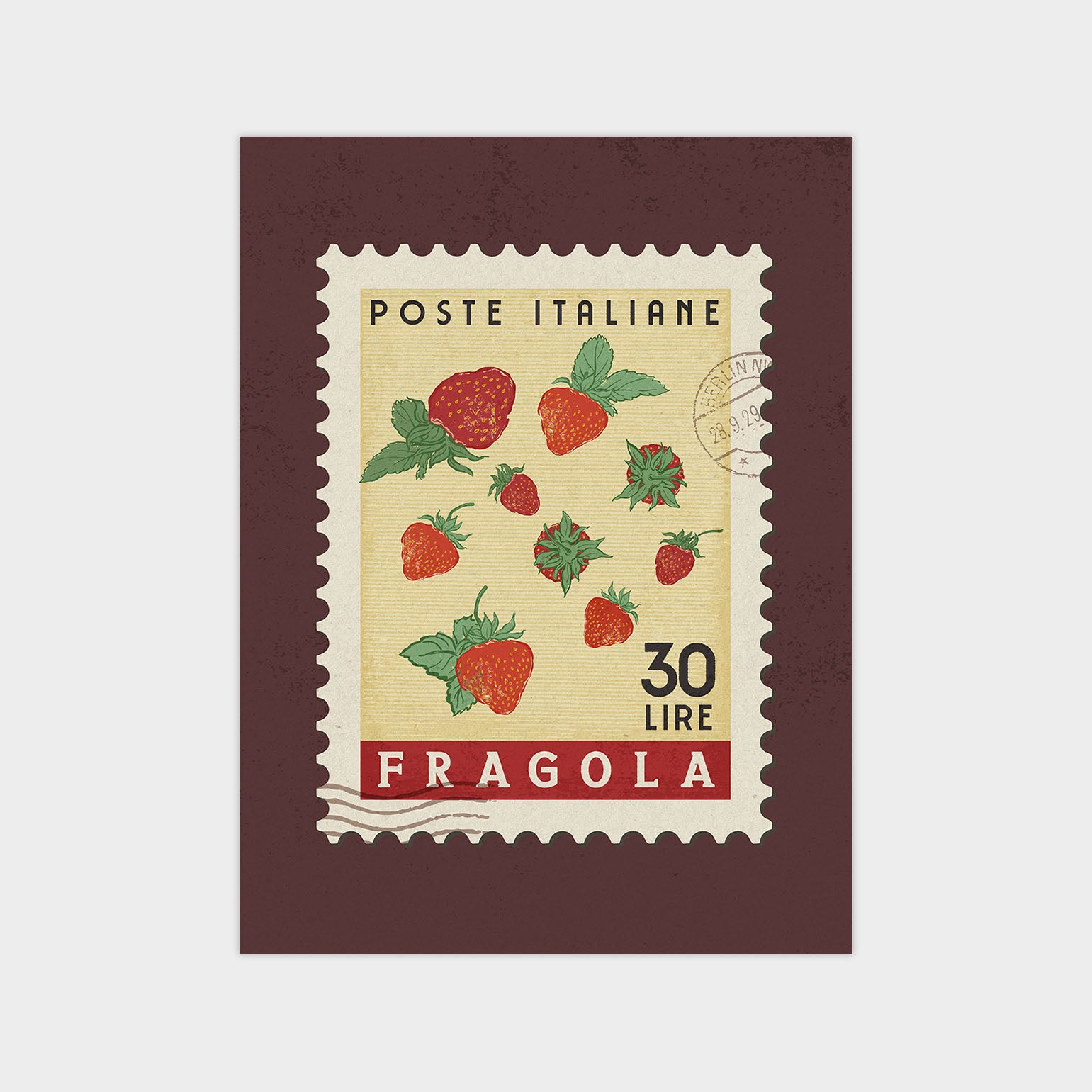 A postage stamp from Italy featuring illustrations of strawberries and the text "POSTE ITALIANE" (Italian for "Post from Italy").