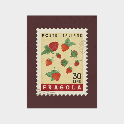 A postage stamp from Italy featuring illustrations of strawberries and the text "POSTE ITALIANE" (Italian for "Post from Italy").