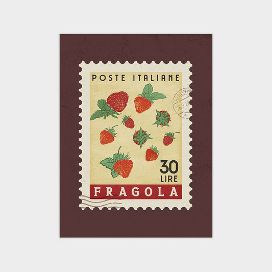 A postage stamp from Italy featuring illustrations of strawberries and the text "POSTE ITALIANE" (Italian for "Post from Italy").