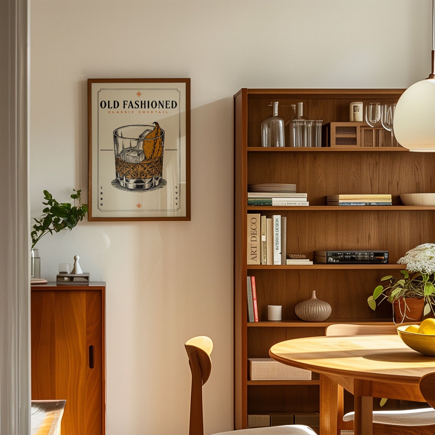 a cozy living room with a wooden bookshelf, a framed poster of a cocktail glass, and a wooden cabinet. The room has a warm and inviting atmosphere, with natural light streaming in from the window.