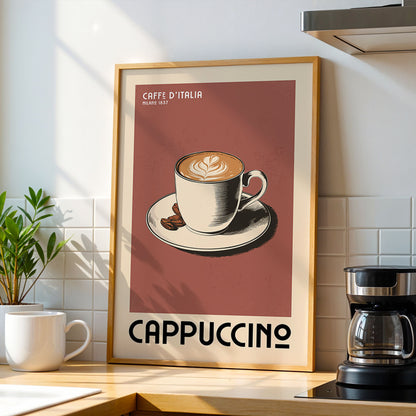 a framed poster of a cup of cappuccino, with the text "CAFFE D'ITALIA" and "MILANO 1637" printed on it. The poster is displayed on a kitchen counter, with a coffee maker and a potted plant visible in the background.