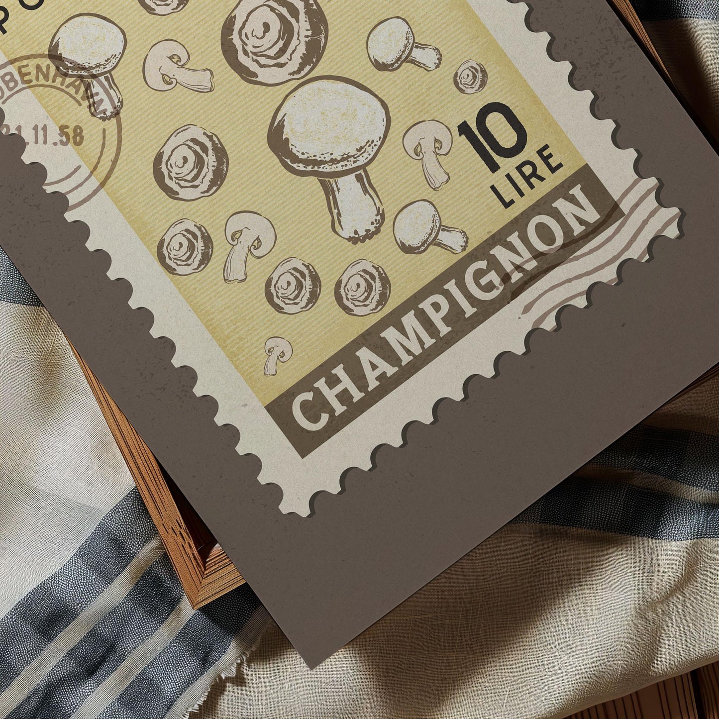 a stamp with a picture of mushrooms on it