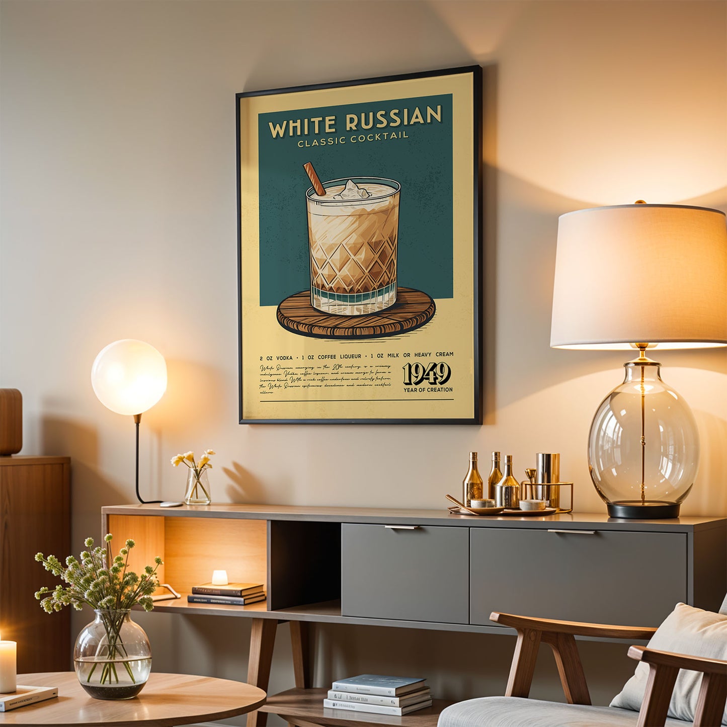 a poster of a Russian cocktail on a wall, with a lamp, a coffee table, and a bookshelf below it.