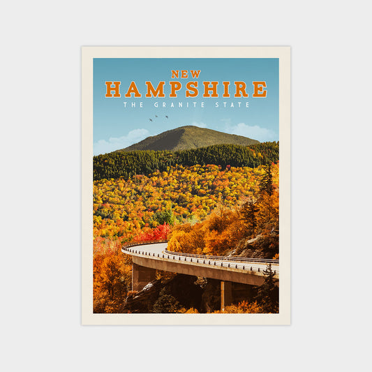 The image is a poster for New Hampshire, featuring a scenic mountain landscape with a winding road and autumn foliage.