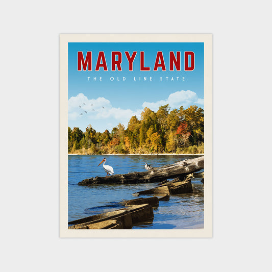 The image is a poster for Maryland, featuring a serene scene of a lake surrounded by trees and a bird.
