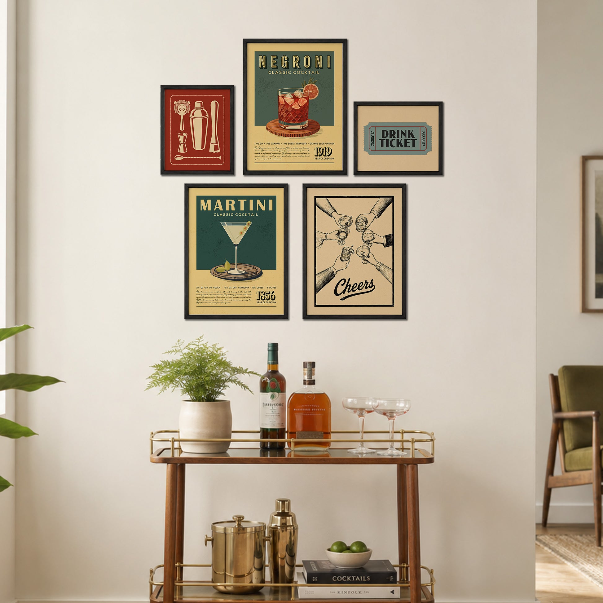 a wall display with framed vintage-style posters and a wooden bar cart with various drinkware and decorative items.