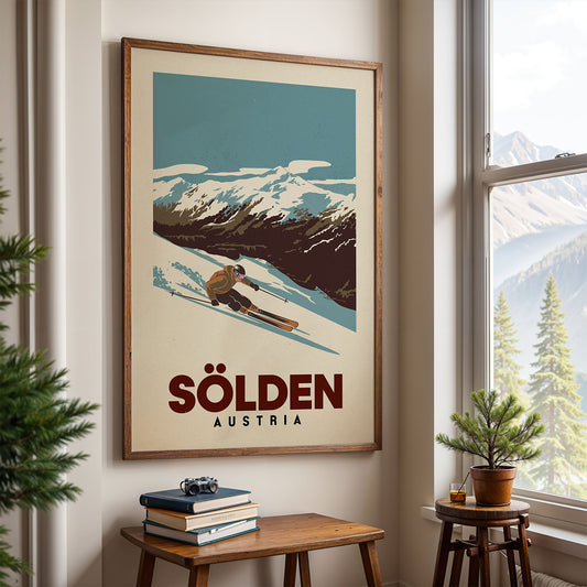 a framed poster of a skier on a snowy mountain, hanging on a wall next to a window with a view of pine trees outside.
