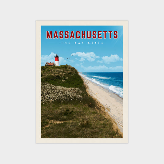 a picturesque coastal scene in Massachusetts, featuring a lighthouse on a cliff overlooking the ocean.