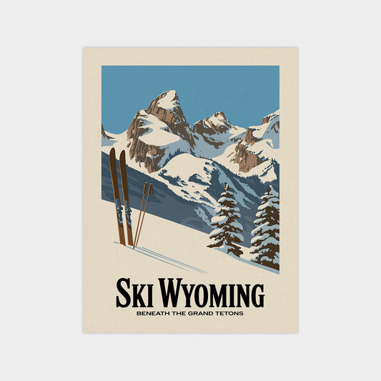 A vintage-style poster depicting a snowy mountain landscape with ski equipment, including skis and ski poles, against a blue sky background.