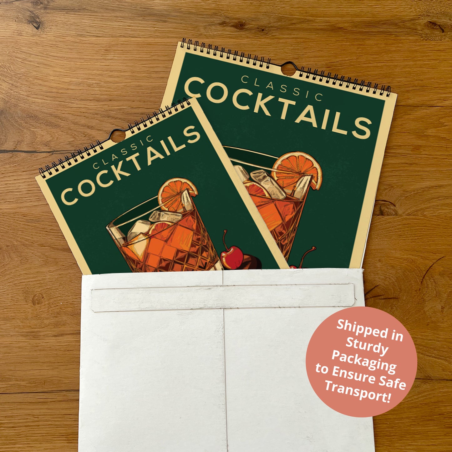 a pair of cocktails in a pocket on a wooden table