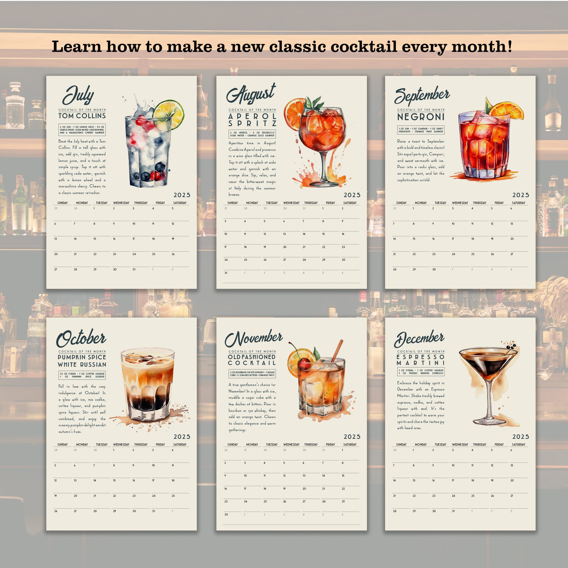 a set of four calendars with drinks on them